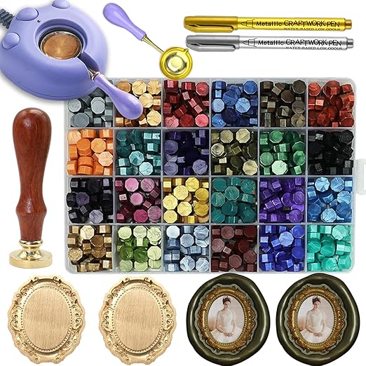 Vintage Embossed Frame Wax Seal Stamp Kit - 3D Relief Frame Seal Stamps with 24-Color Sealing Beads 600pcs, Electric Wax Warmer, Spoon & Pens for Wedding Invitations, Letters (Oval #6)