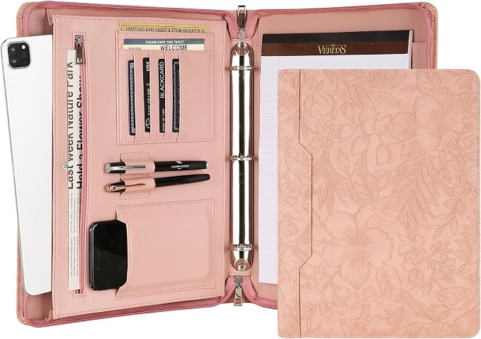 Vegan Leather Padfolio Binder, Personalized 3 Ring Binder for Women, Pink Leather, Handmade Portfolio Organizer, Engraved Resume Folder (Pink Pattern, Custom)
