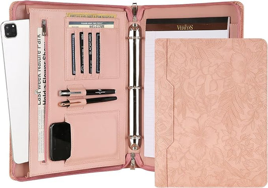Vegan Leather Padfolio Binder, Personalized 3 Ring Binder for Women, Pink Leather, Handmade Portfolio Organizer, Engraved Resume Folder (Pink Pattern, Custom)