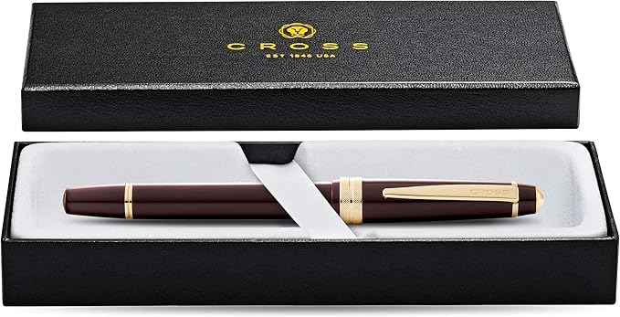Cross Bailey Light Polished Burgundy Resin and Gold Tone Fine Nib Fountain Pen - Professional Pen for Effortless Writing - Journaling, Note-Taking & More - Black Ink - Easy Handling