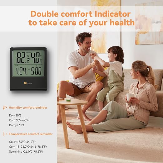 Indoor Thermometer, Room Thermometer and Hygrometer with Clock, Temperature and Humidity Meter with Clock, Double Comfort Indicator, Time, Date(Black)
