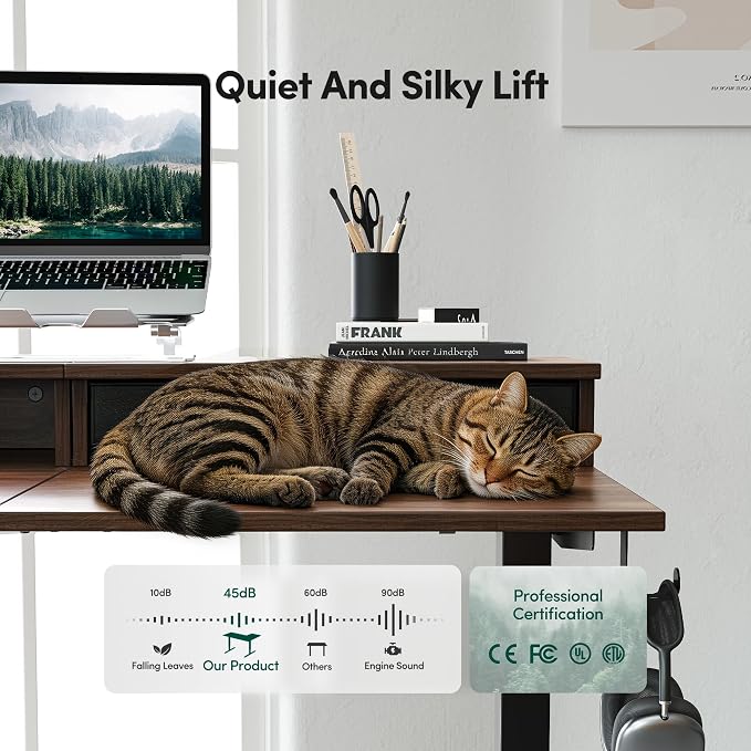CubiCubi L Shaped Standing Desk with Drawers 63 x 48 Inch Adjustable Height, Electric Corner Desk with Storage, Sit Stand Home Office Desk with Splice Board, Black Walnut