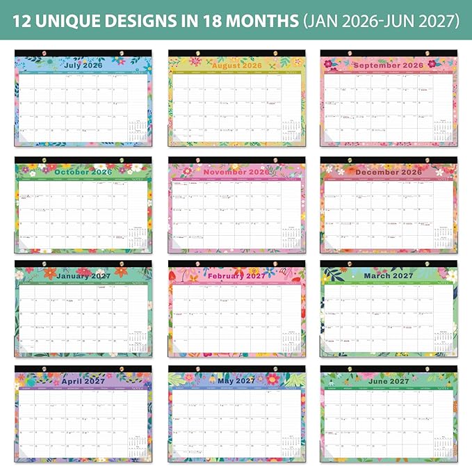 2026 Desk Calendar, Monthly Calendar, 18 Months (Jan 2026 - Jun 2027), Large Desktop Calendar 17" x 12" for Home, Office or School, Watercolor Floral