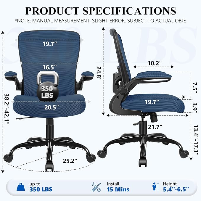 FelixKing Office Chair, Ergonomic Desk Chair Breathable Mesh Chairs Adjustable High Back Lumbar Support Flip-up Armrests, Executive Rolling Swivel Comfy Computer Chairs Home Office Navy