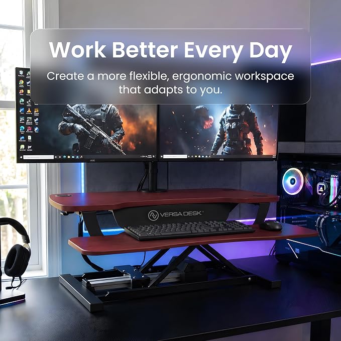 PowerPro 40 Inch Electric Standing Desk Converter – Push-Button Height Adjustable Sit to Stand Desk Riser for Triple Monitors & Laptop – Motorized Desktop Workstation with Wide Keyboard Tray