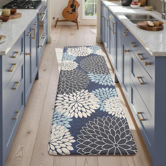 KIMODE Kitchen Mats for Floor Anti Fatigue Cushioned Long Kitchen Rugs | 24"x71"Blue, Floral,Farmhouse,Waterproof Kitchen Mat ,Comfort Standing,Wipe Clean,Kitchen Runner Rug Laundry Sink Floor