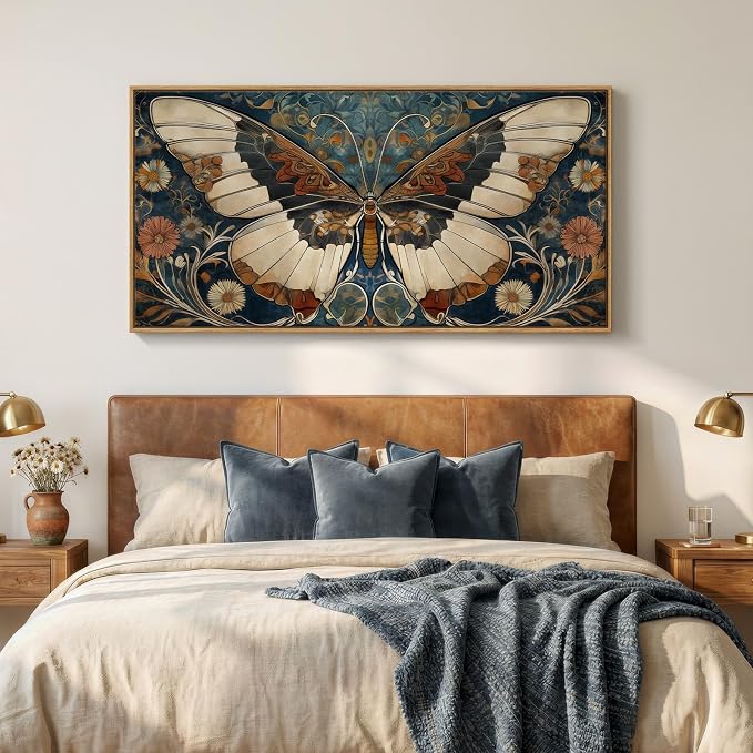 Framed Vintage Butterfly Wall Art for Living Room, Extra Large Horizontal Canvas Artwork Decor, Retro Rustic Picture Print Painting for Bedroom Hallway 60x30 Inch
