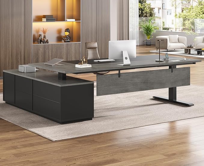 SEDETA Executive L Shaped Electric Standing Desk, 71" Height Adjustable Executive Desk with 3 Drawers and Cabinet, Sit Stand Up Home Office Desk with Power Outlets & Side Hook (Grey)