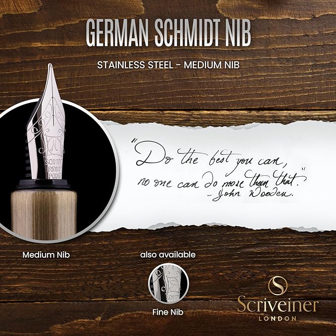Scriveiner Luxury EDC Fountain Pen (Medium), Stunning Heavy Brass Pocket Pen, Hand Brushed Bronze Finish, Schmidt German Nib Converter, Best Writing Pen Gift Set for Men Women, Nice Fancy Designer Pen