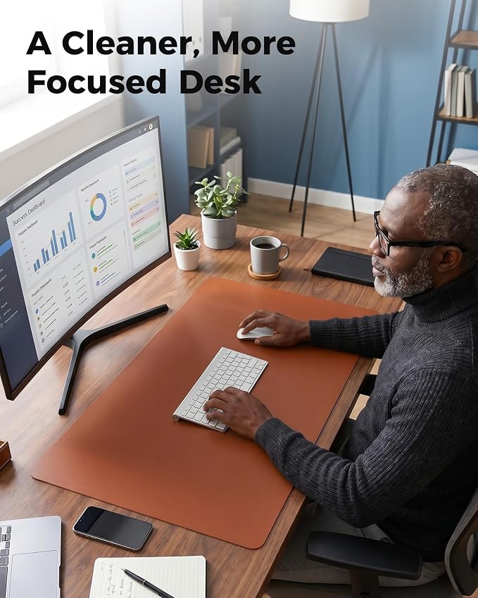 Aothia Dual-Sided Desk Pad - Leather Desk Mat, Natural Cork Desk Pad Protector, Large Mouse Pad for Desk, Waterproof Desk Blotter Pad, Desk Writing Pad for Office Work/Home, Maple Brown (25.6"x13.7")
