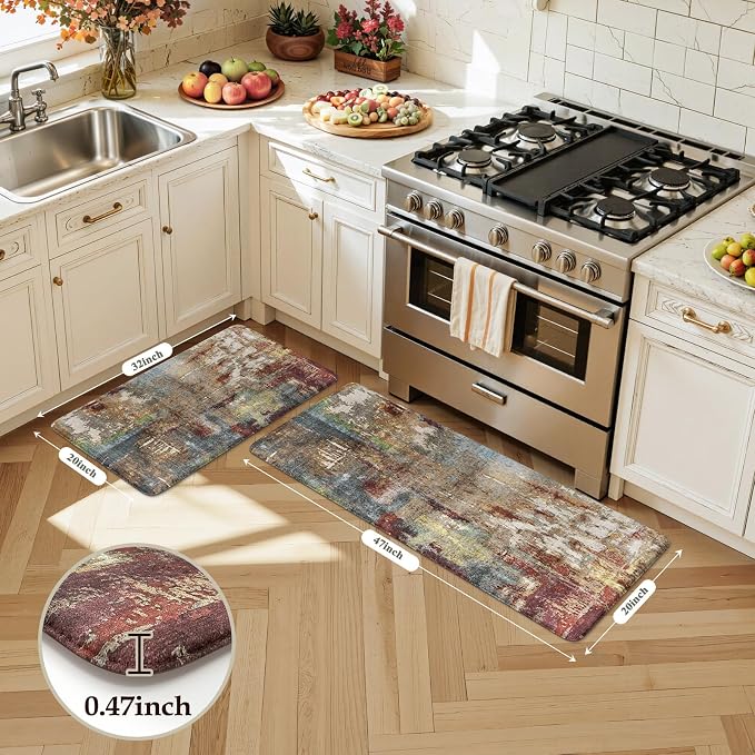 LEEVAN Anti Fatigue Kitchen Mats for Floor, Cushioned Kitchen Mat Set 2PCS | 20"x31"+20"x47", Modern Abstract Red Kitchen Rugs Non-Slip, Waterproof Ergonomic Standing Mats for Laundry, Office, Bar, Sink