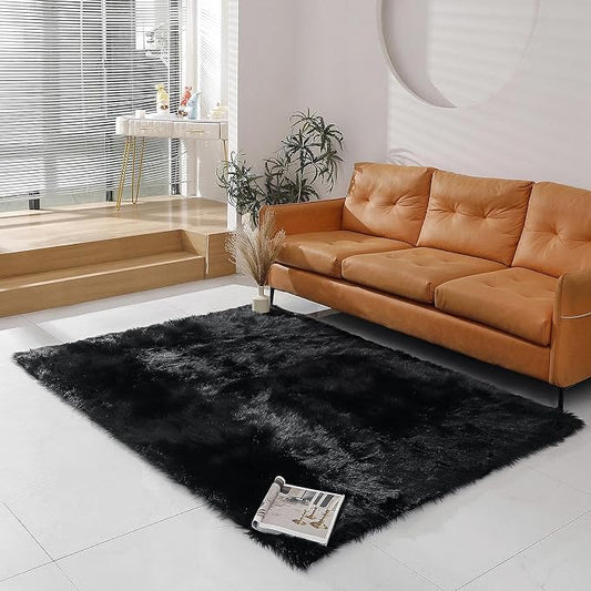 linmopm Faux Fur Rug Sheepskin Shag Fluffy Fuzzy 5x7 ft Black Rugs for Bedroom Bedside Bed Floor Living Room Plush Rectangle High-Density Cushion Carpet Super Sofa Cover