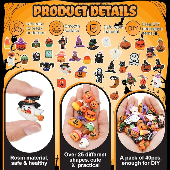Giegxin 40pcs Halloween Resin Charms Halloween Decor Pumpkin Witch Hat Candy Corn Ghost Flatback Cabochon Accessories Cute Embellishment Bulk for Jewelry Cellphone Case Scrapbooking Headband DIY Craft