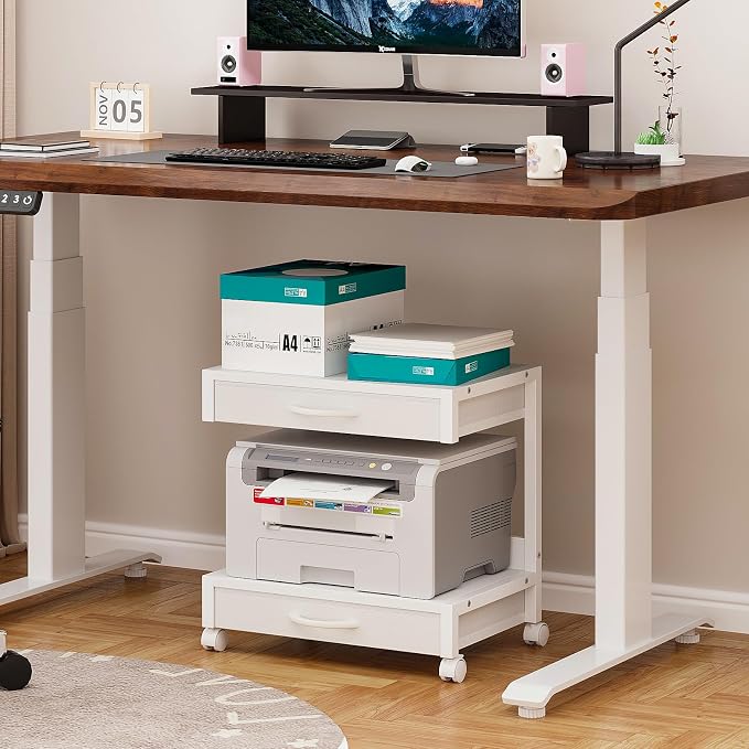 VENNQD 2-Tier Desktop Printer Stand with 2 Fabric Drawers, Prtiner Table with Storage Shelf, Desk Organizer for Home Office,3D Printer,Fax Machine,Scanner (White, 2 Tier)