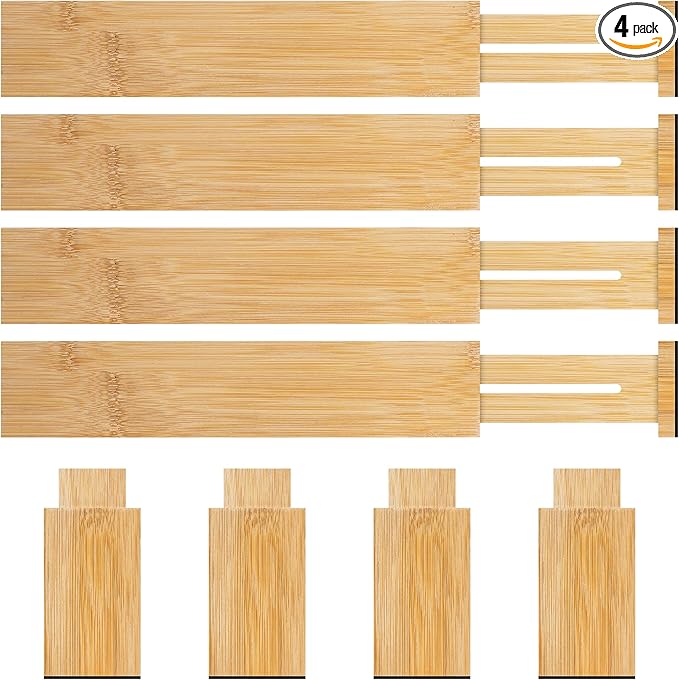 4 Pack Bamboo Drawer Dividers Organizer with Inserts 2.6'' High, Expandable from 12.5-21.7", Adjustable Drawer Organizer Separators for Utensils, Clothing, Office, Dresser, Bedroom, (Beige)