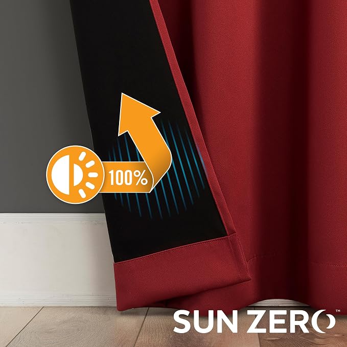 Sun Zero Nordic 2-Pack Theater Grade Noise Reducing Extreme 100% Blackout Grommet Curtain Panel Pair, 52" x 84", Red