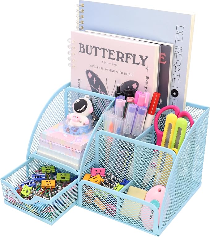 Boutilon Mesh Desk Organizer Desktop Office Supplies Stationary Organizer with 6 Compartments and 1 Drawer Multi-Functional Caddy Pen Holder for Home Office School Desk Decor(Light Blue)