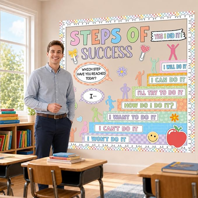 Motivational Bulletin Board Decoration Set Back to School Positive Classroom Decor Steps of Success Paper Cutouts Educational Sayings Accents for School Door Wall Decor Supplies (Composition)