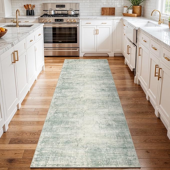 3x10 Hallway Washable Runner Rug - Non-Slip Kitchen Rugs with Rubber Backing Abstract Neutral Low-Pile Carpet Runners for Laundry Room Home Decor Bedroom Bathroom Entryway (Green,3x10)