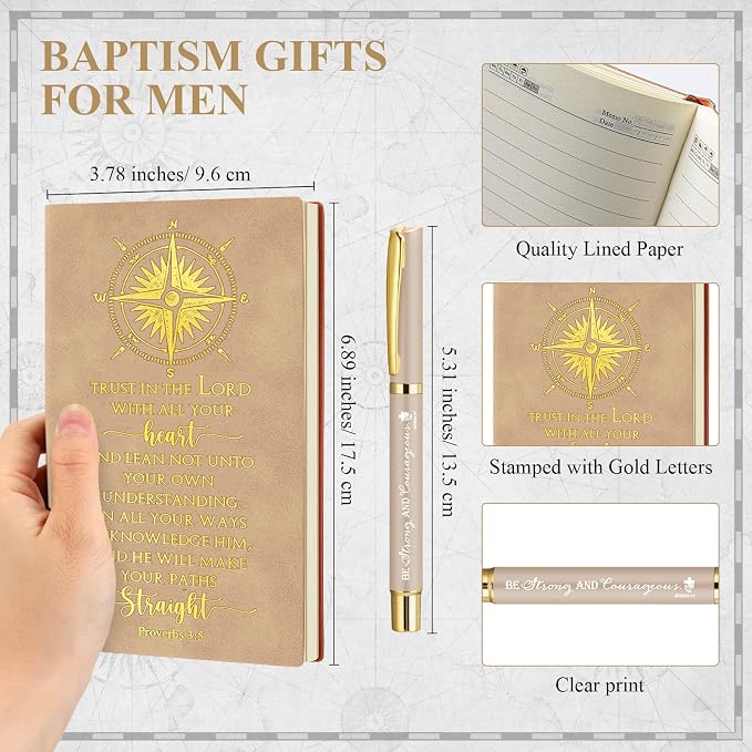 Fuyoooo 4 Pcs Baptism Gift Set for Men First Communion Gift Include Christian Journal Bible Notebook Engraved Compass and Religious Catholic Pen for Church Pastors