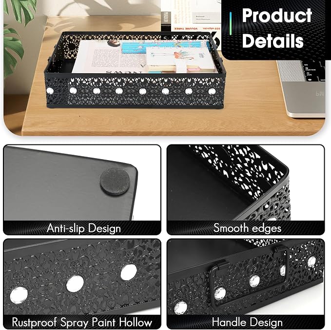 Desk Drawer Organizer, A4 Large Metal Mesh Desk Rrganizer Tray, Versatile Storage Box Set for Office Home Supplies,Carved Hollow Floral Desk Tray, 13 x 9 inches (2, Rhinestones)