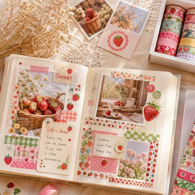Bomichi Washi Tape Set - 35 Rolls Strawberry Pastel Washi Tape for Junk Journal Supplies, Bullet Journal Supplies, DIY Crafts, Scrapbooking, Planner Decoration, Gift Wrapping, School Supplies