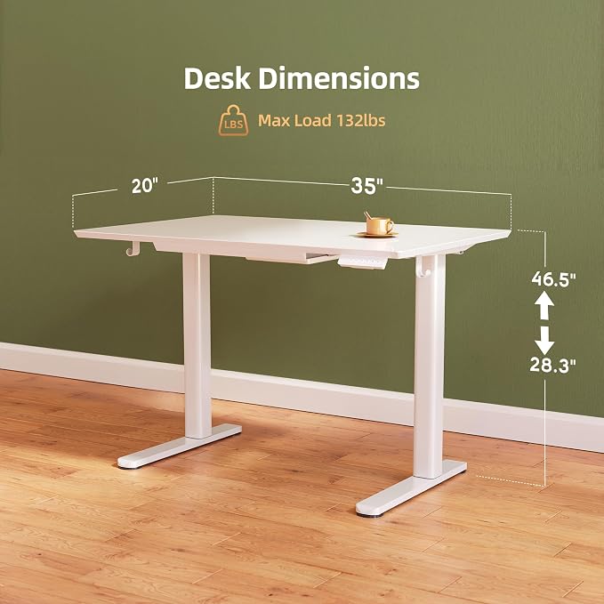 INNOVAR 35 x 20 Inch Super White Glass Standing Desk with Drawers | Tempered Glass Top, Ergonomic, Adjustable Height, Stand Up Desk, Home Office, 4 Memory Presets