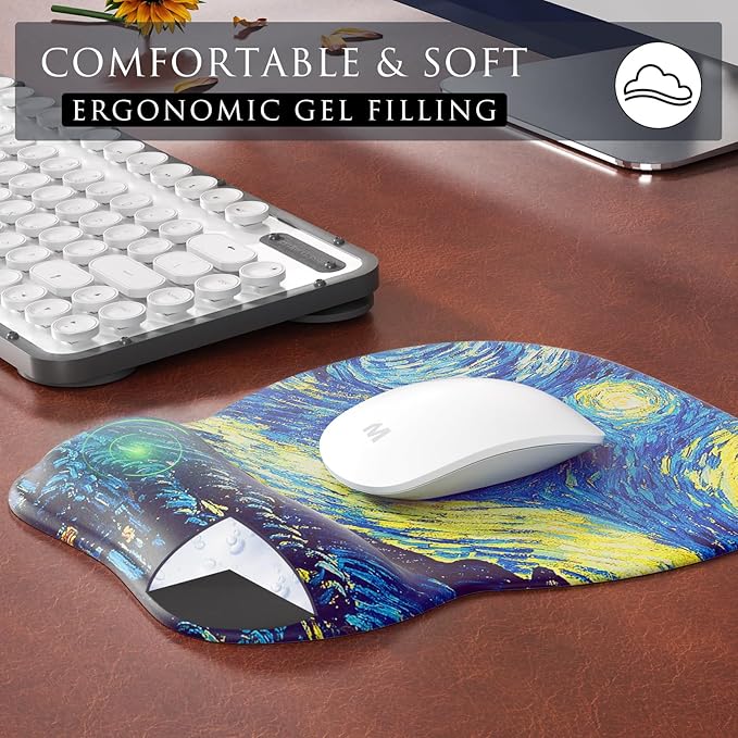 MROCO Ergonomic Mouse Pad with Gel Wrist Rest, Smooth Wrist Support Surface, Non-Slip PU Base for Pain Relief, Comfortable Mousepad for Computer, Laptop, Office & Home, 9.4 x 8.1 in, Starry Night