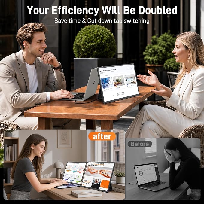 16″ Portable Monitor for Laptop, 1200P IPS Laptop Screen Extender, Plug & Play Dual Monitor with 360° Rotating Stand, Ultra Slim Travel Monitor for Laptop, PC, MacBook, PS5