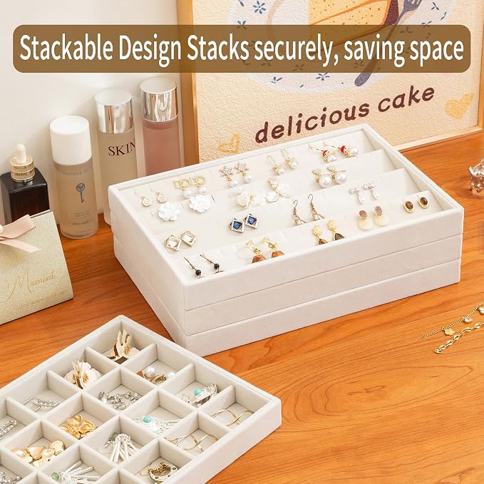 Jewelry Trays for Drawer,Set of 4 Jewelry Organizer and Storage | Velvet Material,Stackable,Adjustable Dividers,Drawer Inserts for Rings Studs Bracelet,Earring Organizer for Women Girls