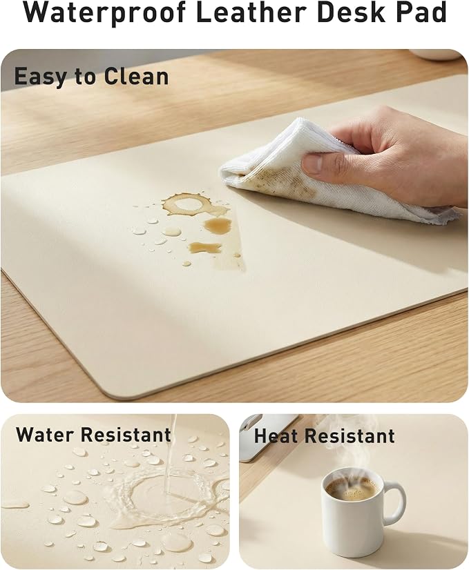 Aothia Faux Leather Desk Mat - Large Mouse Pad, Non-Slip PU Leather Blotter, Waterproof Writing Surface for Office and Home (Beige, 42" x 17")