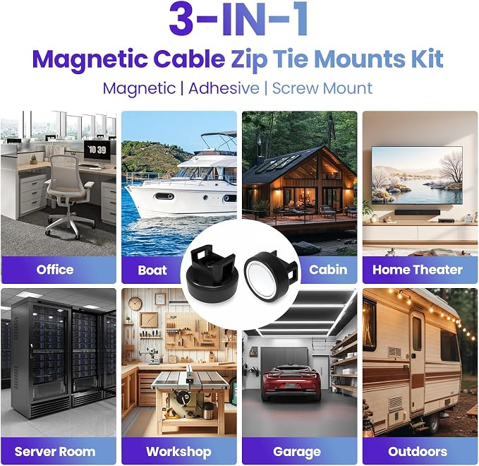 Magnetic Zip Tie Mount, 48 PCS Magnetic Wire Holders, 25 LBS Cable Tie Mount Kit with Adhesive Pads, Screws and Zip Ties for Home, Garage, Office, Workshop, RV and Marine Cable Management