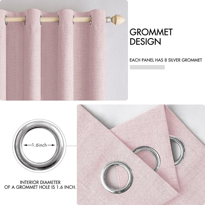 MIULEE Linen Texture Curtains for Bedroom Solid 100% Blackout Thermal Insulated Pink Curtains Grommet Room Darkening Drapes for Living Room 52x72 Inch (2 Panels)