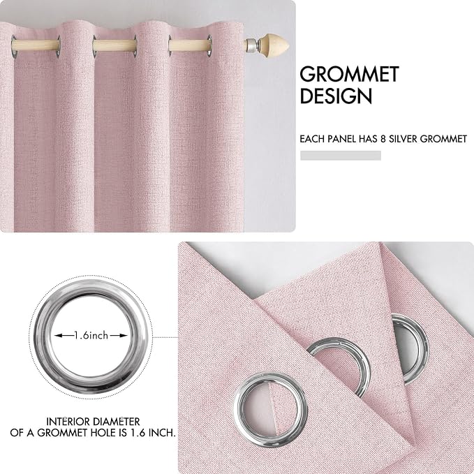 MIULEE Linen Texture Curtains for Bedroom Solid 100% Blackout Thermal Insulated Pink Curtains Grommet Room Darkening Curtains/Draperies for Living Room 52x84 Inch (2 Panels)