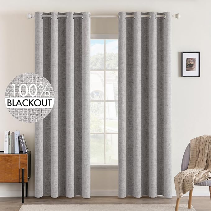 MIULEE Linen Texture 84 Inches Curtains for Bedroom 100% Blackout Thermal Insulated Light Gray Curtains Grommet Room Darkening Drapes for Living Room 52x84 Inch (2 Panels)