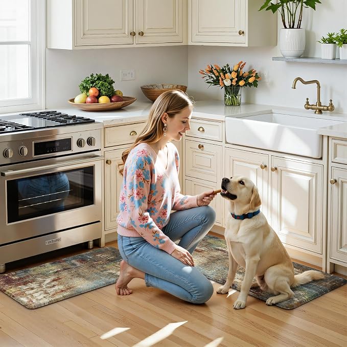 LEEVAN Anti Fatigue Kitchen Mats for Floor, Cushioned Kitchen Mat Set 2PCS | 17.3"x29"+17.3"x47", Modern Abstract Red Kitchen Rugs Non-Slip, Waterproof Ergonomic Standing Mat for Laundry, Office, Sink