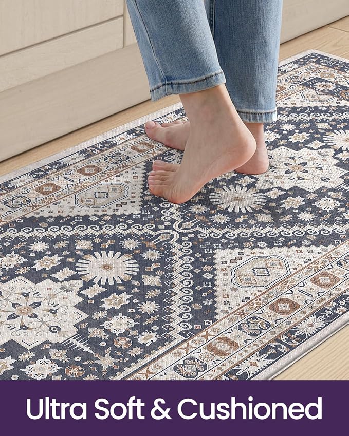 DEXI Kitchen Floor Mats Anti Fatigue, 23x107 Large Cushioned Vintage Runner Rug Waterproof, Standing Comfort Memory Foam Padded for Front Sink Laundry Office, White Grey