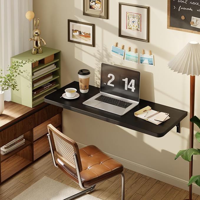 Dogsky Home Office Folding Desk - Foldable Wall Mounted Computer Table - Floating Pine Wood Fold Down Wall Desk - 36 Inch Morden Folding Shelf for Small Spaces, Home Office, Laundry Room, Black