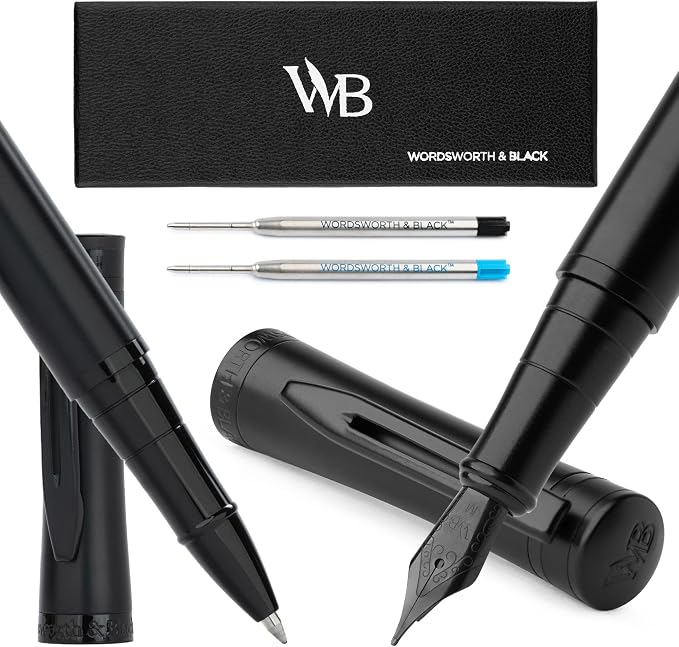 Wordsworth & Black Rollerball Pen [All Black], Includes Fountain Pen Set [All Black], Medium Nib, 24 Ink Cartridges, Refill Converter and Premium Gift Case