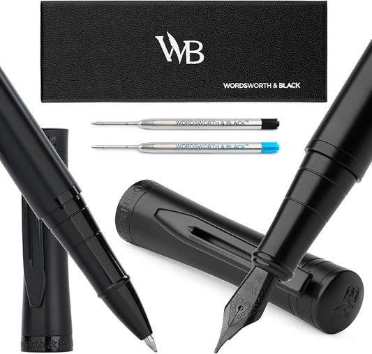 Wordsworth & Black Rollerball Pen [All Black], Includes Fountain Pen Set [All Black], Medium Nib, 24 Ink Cartridges, Refill Converter and Premium Gift Case