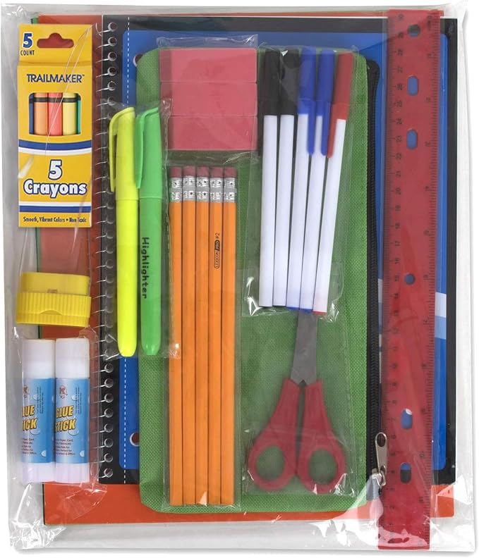 Trailmaker 12 Pack Bulk School Supply Kits | 30 Piece Classroom Supply Sets for Elementary & Middle School | Notebooks, Pencils, Crayons & Essentials | Ideal for Schools, Nonprofits, Charities & Donation Programs