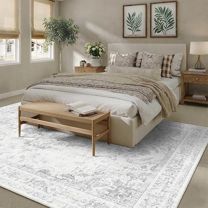 8x10 Vintage Washable Area Rugs Boho Medallion Large Distressed Retro Accent Carpet Floral Non-Slip Soft Low Pile Indoor Throw Rug for Living Room Bedroom Dining Room Office Kitchen, Gray