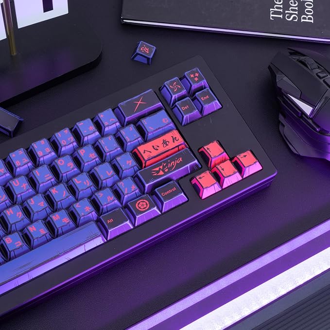 Purple Japanese PBT Custom Keycaps, 130 Keys Black Purple Manga Key Caps, Cherry Profile Dye Sublimation Keyboard Keycap Set for Cherry MX Gateron Kailh Switches Mechanical Keyboard