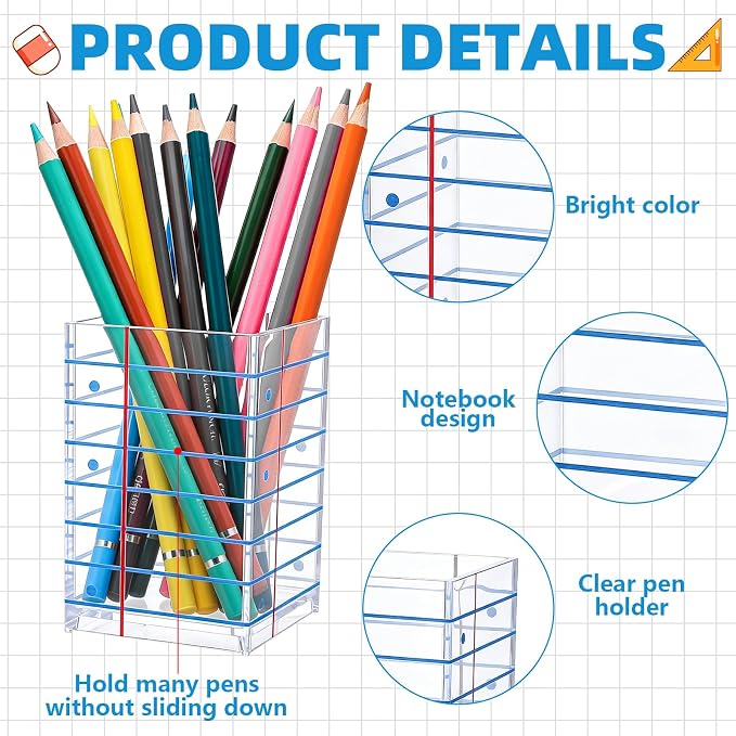 2Pcs Back to School Clear Acrylic Pen Holder with Blue Line, Pencil Holder for Desk Makeup Brush Holder for Teacher Students Home Office Classroom, 2.6x 2.6x 4 inches