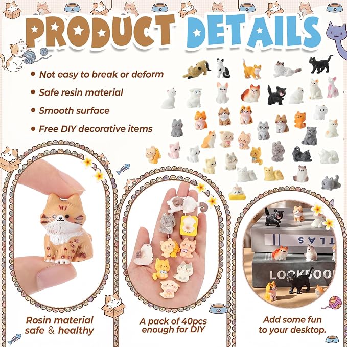 Giegxin 40 Pcs Mini Cat Statue Resin Charms Mixed Kitten Animal Figures Micro Landscape Accessories Cute Embellishments Bulk for DIY Craft Jewelry Making