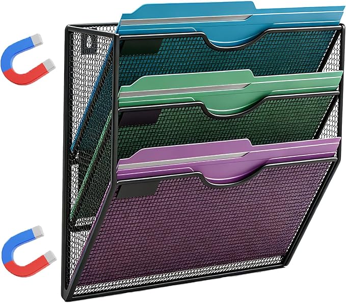 Magnetic File Holder,No Assembly Required & No Drilling,Hanging Magnetic File Organizer,Magnetic Mail Paper Folder Holder for Refrigerator,Whiteboard,File Cabinets (3-Tier)