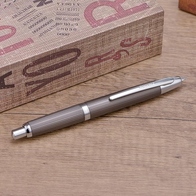 Jinhao 10 Press Fountain Pen with Box, Brushed Matt Gray Retractable Fine Nib with Converter Set (Silver Clip)