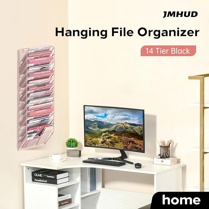 14 Tier Wall Hanging File Organizer, Paper Folder Holder Wall Mounted, Metal Mail Sorter for Office Home School, Pink