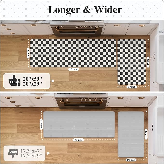KIMODE Anti Fatigue Mats for Kitchen Floor,Checkered Kitchen Rugs Sets of 2 | 20"x59"+20"x32" Farmhouse Kitchen Floor Mats Non Slip, Cushioned Laundry Room Rug, Plaid Standing Desk Mat for Office Dorm