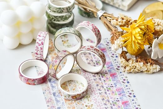 Flowers Washi Tape Set 60 Rolls Floral Patterns Decorative Skinny Blooms Masking Tapes for Arts, DIY Crafts, Journals, Planners, Scrapbook, Wrapping (Spring)